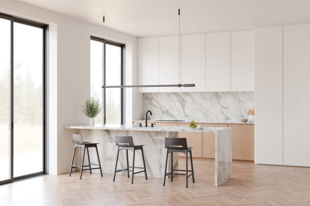 istock Corner view of Scandinavian kitchen interior, Black three bar stool, Light oak wood parquet floor, Black window frame. 3d illustration. 2171663911