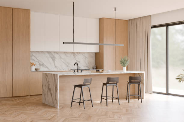 istock Corner view of modern minimal kitchen interior with white marble countertop, Black three bar stool, Light oak wooden parquet floor, Black window frame. 3d illustration. 2171663920