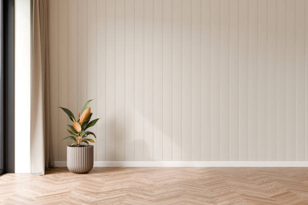 istock Modern classic Interior wall mockup with rubber tree plant, wood floor, 3d illustration. 2171664007