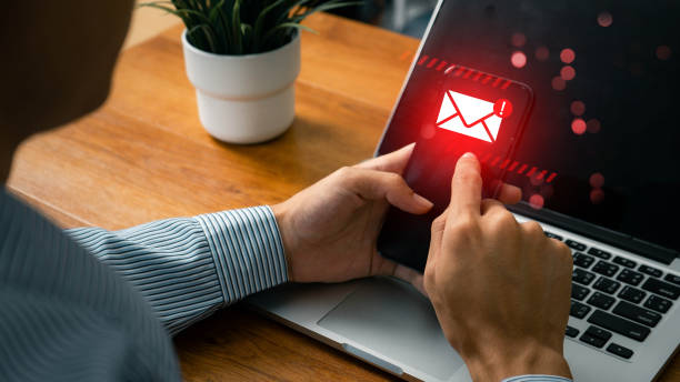 istock Alert Email inbox and spam virus with warning caution for notification on internet letter security protect, junk and trash mail and compromised information. Email error or email spam. 2171664331