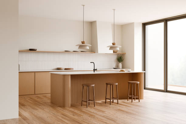 istock Modern kitchen with wooden island and stools design. 3d render. 2171664603