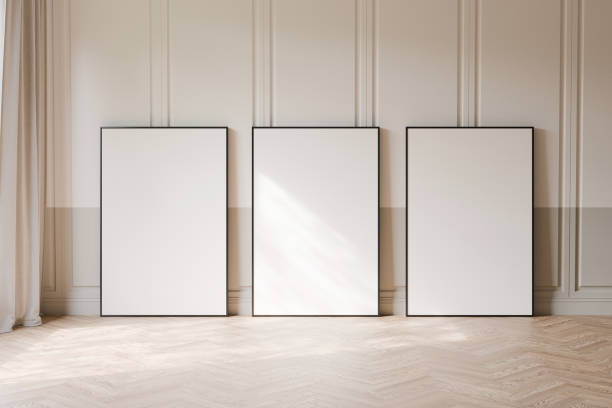 istock Three frame mockup with blank poster standing on wooden floor. 3d illustration. 2171665091