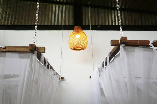Bedroom interior design with hanging lamps and mosquito nets frame