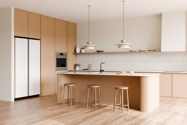 istock Modern minimalist kitchen with island and bar stools. 3d render. 2171665778