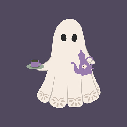 Ghost Tea Time Cute Vintage Ghost Drinking Tea Vector Illustration Whimsical Cartoon ...