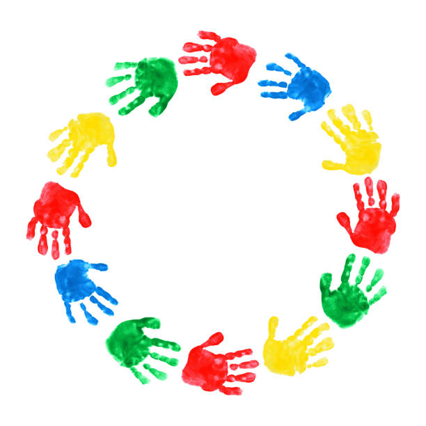 istock Circle of children's handprints. Vector illustration of chilren's palms on white backgound. International Children's Day 2171668742