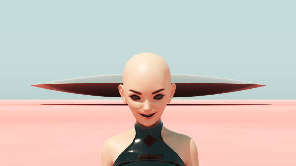 Alien woman Silver ufo big black bug eyes desert blue sky black teeth paranormal medium close up shot