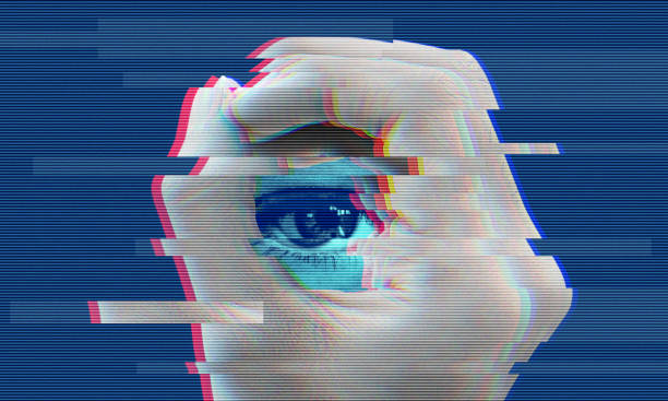 Big brother is watching distorted glitch collage art Distorted glitch digital collage of close-up of an eye framed by a hand, symbolizing surveillance. Big brother is watching banner. visual sense stock pictures, royalty-free photos & images