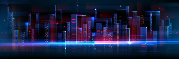 stockillustraties, clipart, cartoons en iconen met abstract tech city on black background. - stadsbeeld