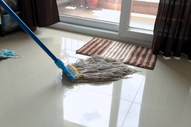 Cleaning Floor with Mop Near Sunlit Window