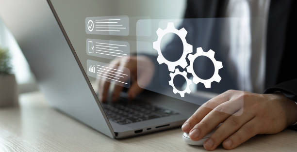 istock Automated industrial technology with digital transformation.Engineer setting up automated software.Business process optimisation.Robotic process automation or RPA. 2171672693