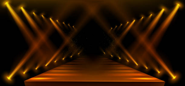 istock Fashion runway stage with golden spotlights 2171673376