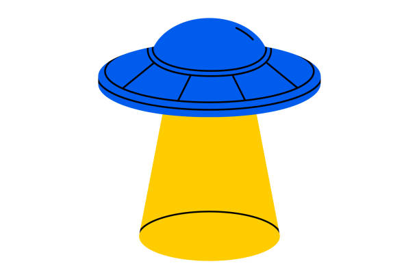 UFO with light ray flat illustration Hand drawn cute cartoon illustration UFO with light ray. Flat vector alien space ship doodle. Futuristic flying saucer. Unidentified flying object. System error 404 icon. Not found mistake. Isolated. astronaut doodle stock illustrations