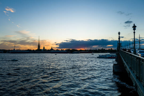 View over the Neva River in St. Petersburg during the blue hour on a hot summer day