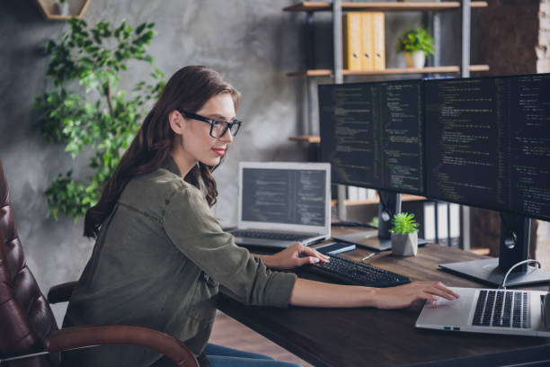 istock Profile side photo of professional hacker working content safety site use modern devices write information indoor room workstation 2171683963