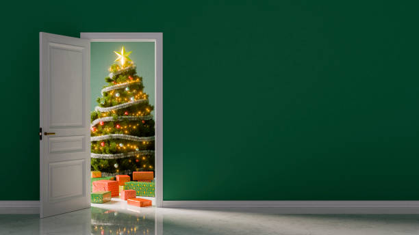 istock Christmas tree with fairy lights appearing behind an open door 2171684020