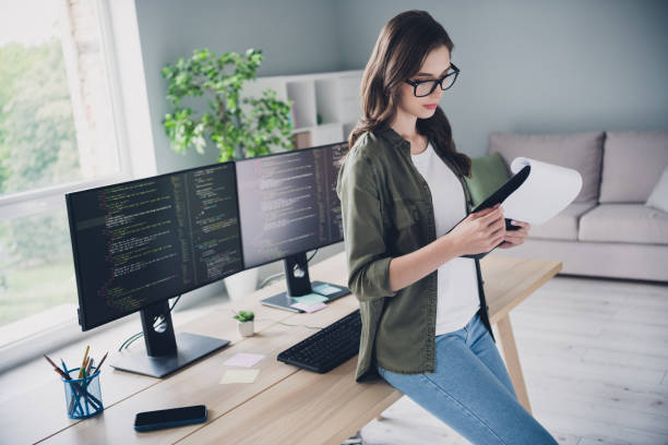 istock Profile side photo of confident professional chief read document project install upgrade operating system indoor room workstation 2171684023