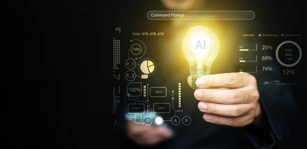 istock AI technology concept. Man holds an illuminated light bulb with a smart Ai chip and command prompt. Artificial Intelligence tech 2171684466