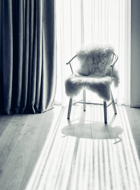 Rows of modern chairs lined up and table near window