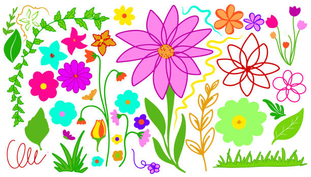 istock set of flower colorful hand drawn doodle isolated on transparent background. Vector illustration 2171690906