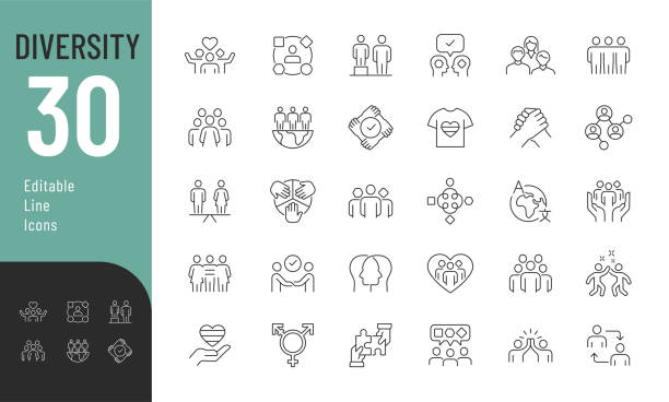 Vector illustration in thin line modern style of society related icons: oneness, people, equality, and more. Isolated on white