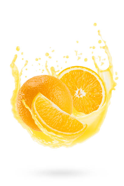 istock Orange pieces with yellow orange juice, drops, splashes, flows fly on white background, isolated. Summer fresh fruits, drink for advertising, label product, branding, flyer, card, poster, design. 2171709116