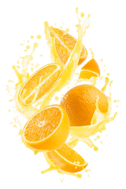 istock Orange pieces with orange juice, drops, splashes, flows levitate on white background, isolated. Vitamin citrus fruits, beverage for advertising, label product, branding, flyer, card, poster, design. 2171709121