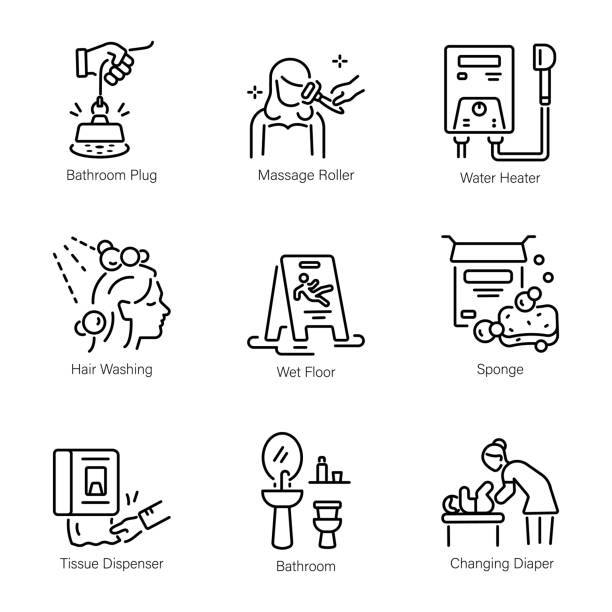 Pack of Bathroom Outline Style Icons Elevate your lavatory projects with our animated bathroom icons From cleaning and hygiene to stylish renovation ideas, each design perfectly captures the essence of a modern interior. bathroom geyser stock illustrations