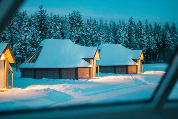 A populated place not far from the river and the snow-covered forest on winter day