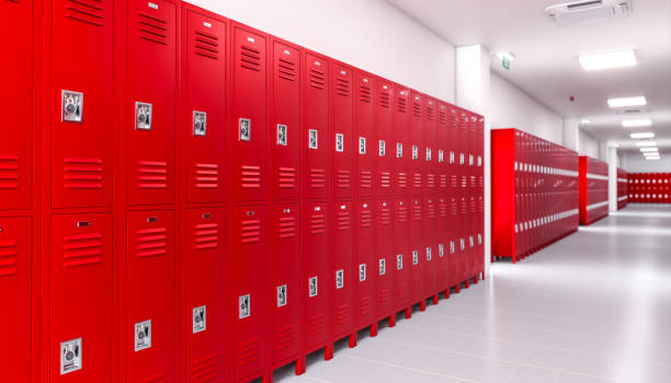 istock Long corridor with red lockers in school building 2171720932
