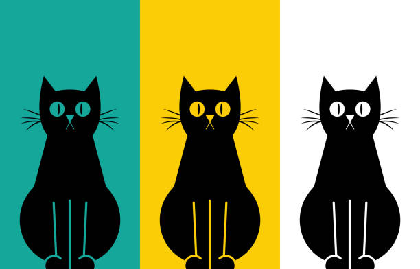 A pop art style illustration featuring three black cats with distinct eyes against colorful backgrounds. Perfect for modern and contemporary design projects.