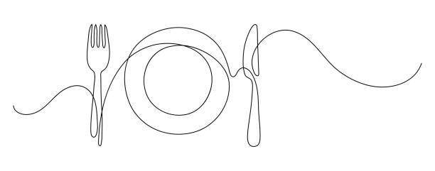 ilustraciones, imágenes clip art, dibujos animados e iconos de stock de placa con un tenedor y cuchillo. - comida gourmet