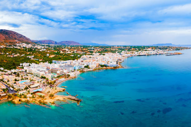 Hersonissos town aerial panoramic view in Crete, Greece