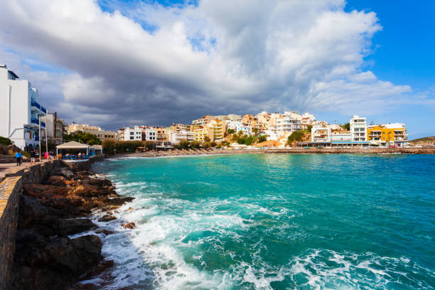 Agios Nikolaos port panoramic view. Agios, Hagios or Aghios Nikolaos is a coastal city on the island of Crete in Greece.