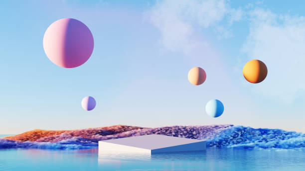 istock 3d Render, Abstract Surreal landscape empty podium stand for product with colorful ball falling in the air, beautiful grass dune over sky background. 2171749186