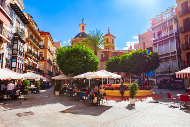 Murcia, Spain - October 19, 2021: Plaza de Las Flores square in Murcia. Murcia is a city in south eastern Spain.