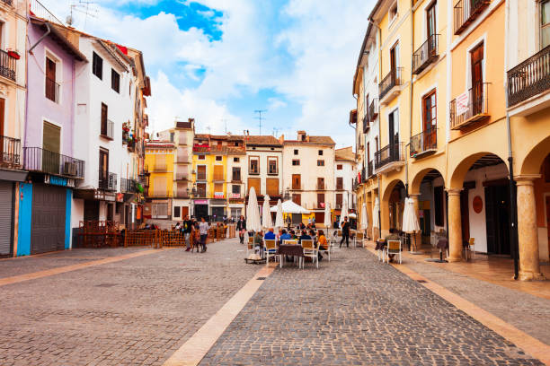 Xativa, Spain - October 17, 2021: Market Square or Plaza del Mercat is the main square in the city of Xativa near Valencia in Spain.