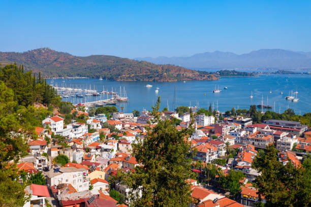 Fethiye city centre aerial panoramic view. Fethiye is a city in Mugla Province in Turkey.