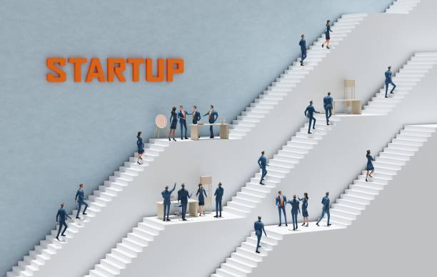 istock Business people working in an Abstract environment with massive white stairs representing career, business, start up, professional perspectives. 3D rendering illustration 2171774146