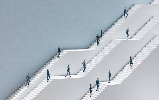istock Business people working in an Abstract environment with massive white stairs representing career, business, start up, professional perspectives. 3D rendering illustration 2171774152