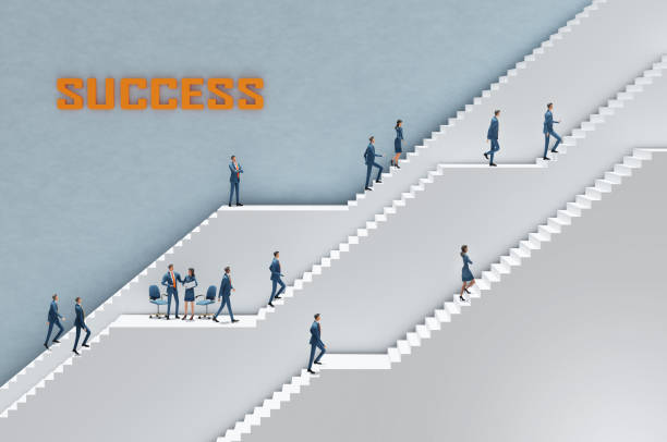 istock Business people working in an Abstract environment with massive white stairs representing career, business, start up, professional perspectives. 3D rendering illustration 2171774155