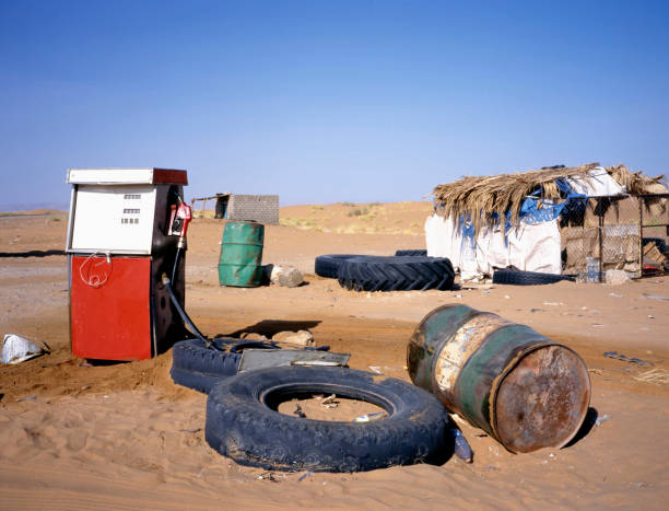 Because of the civil war in Yemen an abandoned gas pump in the desert
