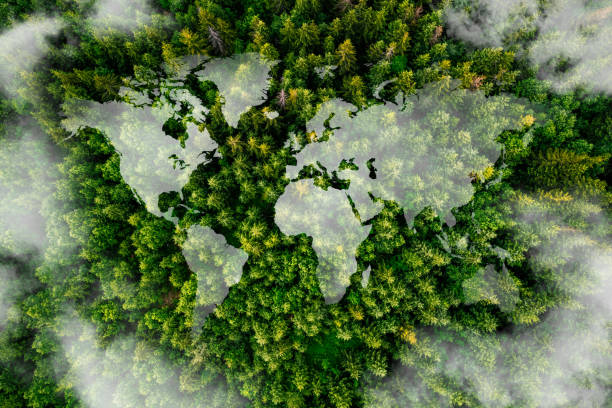 istock World map made of white puffy clouds on green forest. World environment day concept. 2171783282