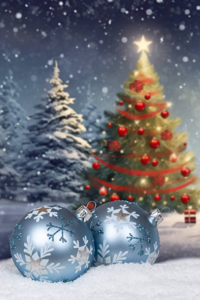 istock Christmas card with balls baubles tree background and copyspace copy space decoration winter snow portrait format 2171783838