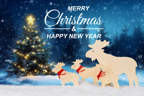 istock Merry Christmas card greetings with reindeers elks tree 2171784629