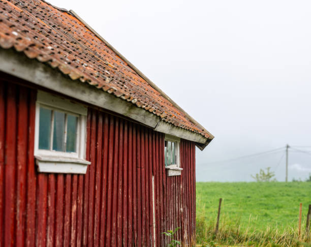 Traditional Finnish red wooden barn with roundpole fence and the weather vane on the roof. Old idyllic farm in the countryside.