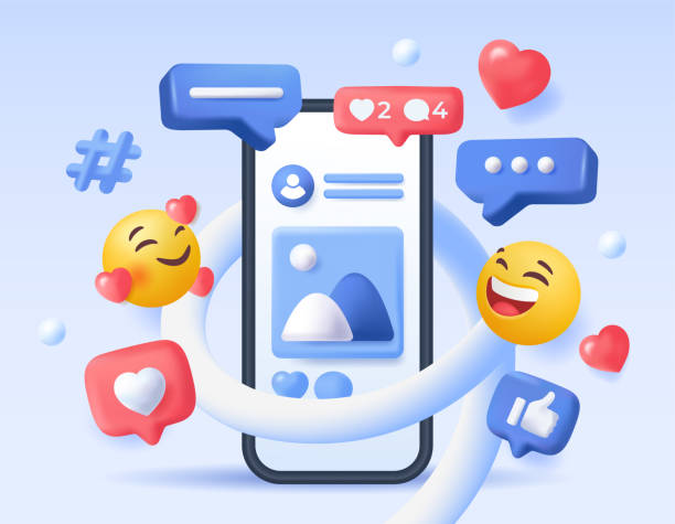 istock Social media marketing. Banner with smiling emoji, comments, hashtags and reactions on smartphone screen. Attracting audience and online promotion. Realistic 3D vector illustration 2171788628