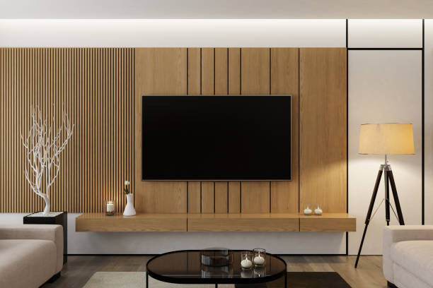 istock Modern TV Room with Pine Wall Paneling and Wall-Mounted TV Screen 2171791023