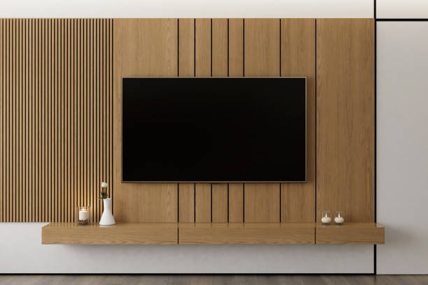 istock Modern TV Room with Pine Wall Paneling and Wall-Mounted TV Screen 2171791024