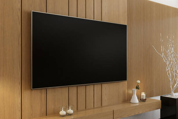 istock Modern TV Room with Pine Wall Paneling and Wall-Mounted TV Screen 2171791025